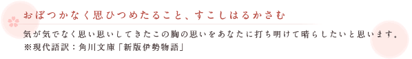 おぼつかなく思ひつめたること、すこしはるかさむ　気が気でなく思い思いしてきたこの胸の思いをあなたに打ち明けて晴らしたいと思います。※現代語訳：角川文庫「新版伊勢物語」