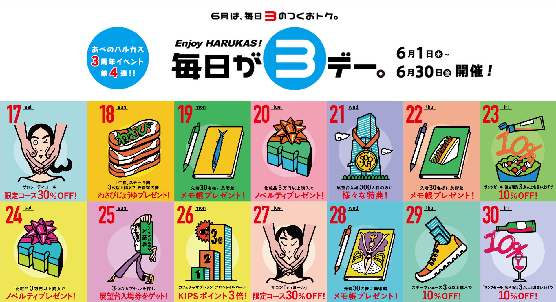 あべのハルカス3周年イベント第4弾!!6月は、毎日3のつくおトク。毎日が3デー。6月1日（木）〜6月30日（金）開催