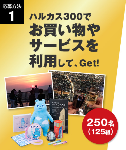 応募方法1 ハルカス300でお買い物やサービスを利用して、Get！ 250名 （125組）