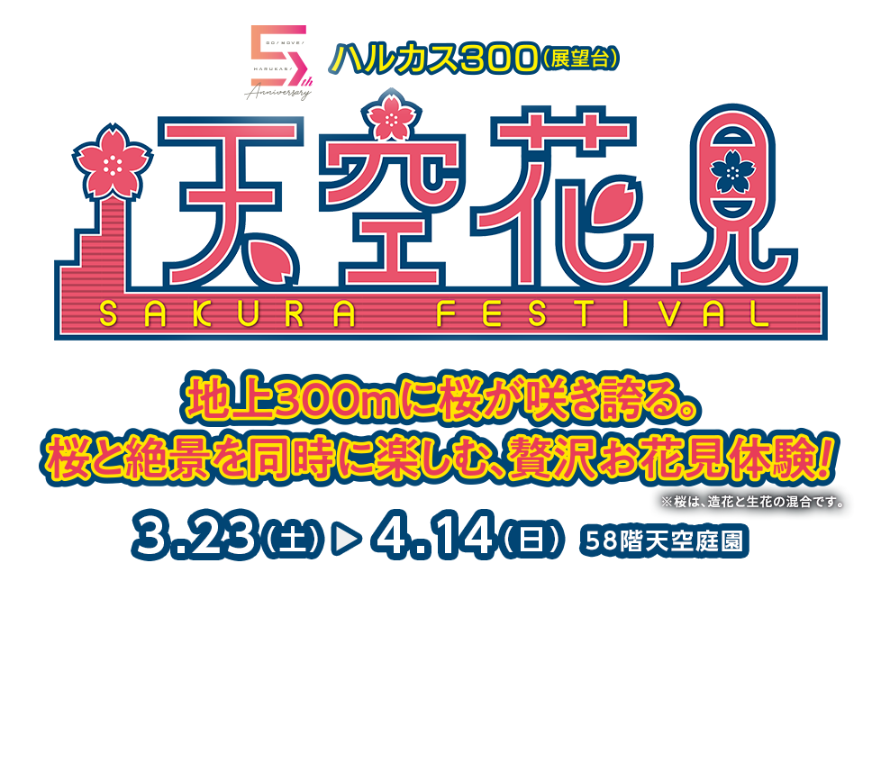 ハルカス300(展望台) 天空花見SAKURA FESTIVAL 地上300mに桜が咲き誇る。桜と絶景を同時に楽しむ、贅沢お花見体験！※桜は造花と生花の混合です。3.23（土）→4.14（日）58階天空庭園