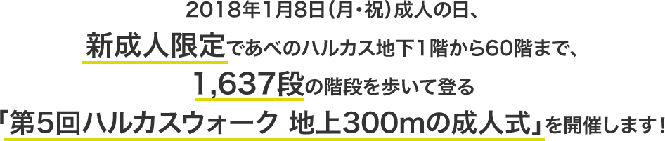 2018年1月8日（月・祝）成人の日、新成人限定であべのハルカス地下1階から60階まで、1,637段の階段を歩いて登る「第5回ハルカスウォーク 地上300mの成人式」を開催します！