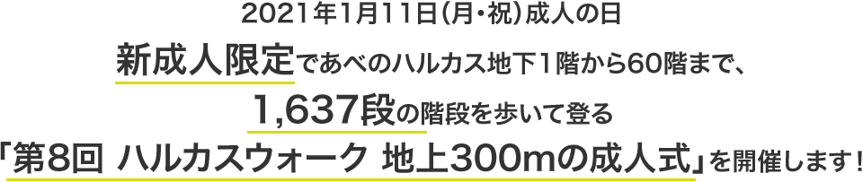 2021年1月11日（月・祝）成人の日、新成人限定であべのハルカス地下1階から60階まで、1,637段の階段を歩いて登る「第8回 ハルカスウォーク 地上300mの成人式」を開催します！