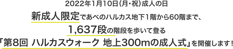 2022年1月10日（月・祝）成人の日、新成人限定であべのハルカス地下1階から60階まで、1,637段の階段を歩いて登る「第8回 ハルカスウォーク 地上300mの成人式」を開催します！