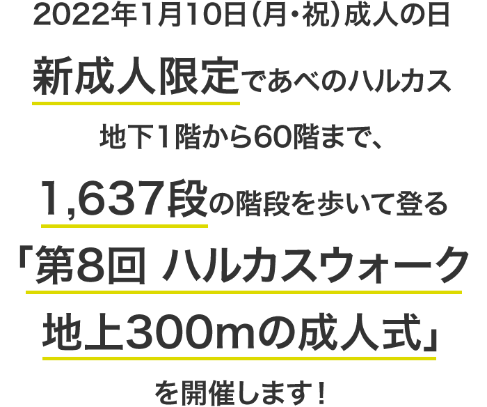 2022年1月10日（月・祝）成人の日、新成人限定であべのハルカス地下1階から60階まで、1,637段の階段を歩いて登る「第8回 ハルカスウォーク 地上300mの成人式」を開催します！