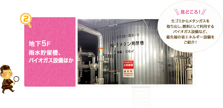 地下5F雨水貯留槽、バイオガス設備ほか　生ゴミからメタンガスを取り出し、燃料として利用するバイオガス設備など、最先端の省エネルギー設備をご紹介！